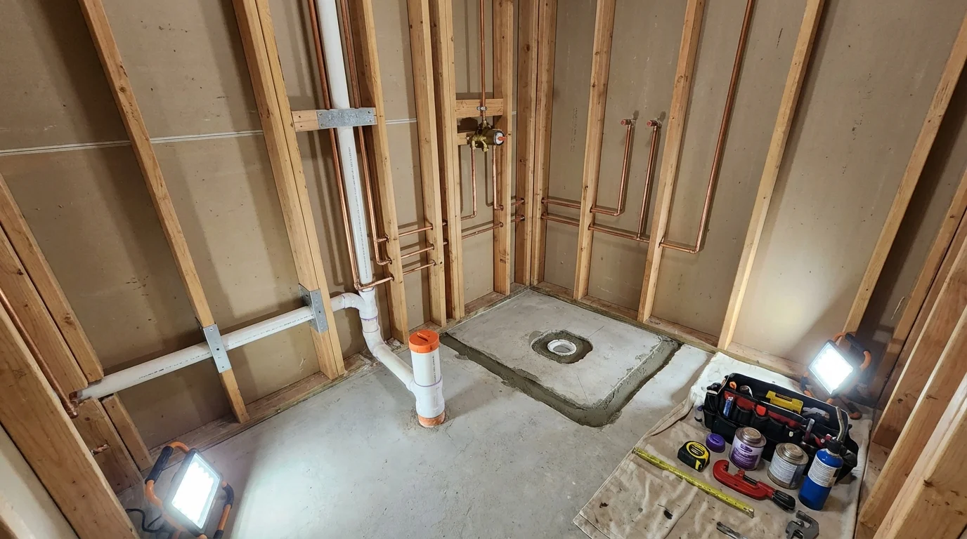 Bathroom rough-in plumbing during remodel by Johns Plumbing LLC in Reston