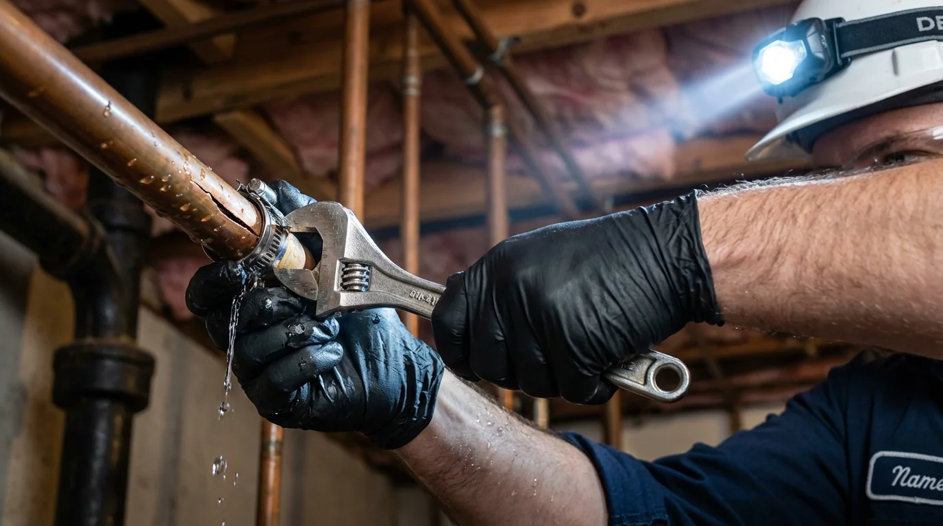 Emergency pipe clamp repair being performed by a Johns Plumbing LLC plumber in Reston