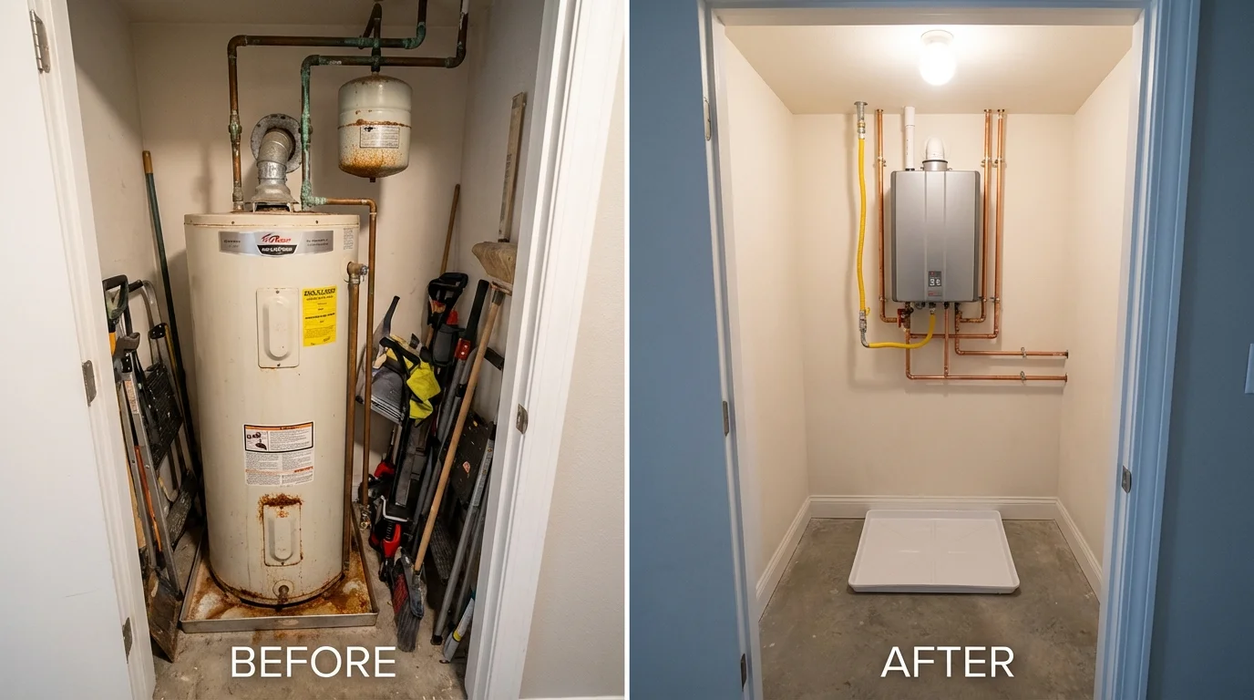 Tank water heater versus wall-mounted tankless unit comparison for Reston, VA homeowners