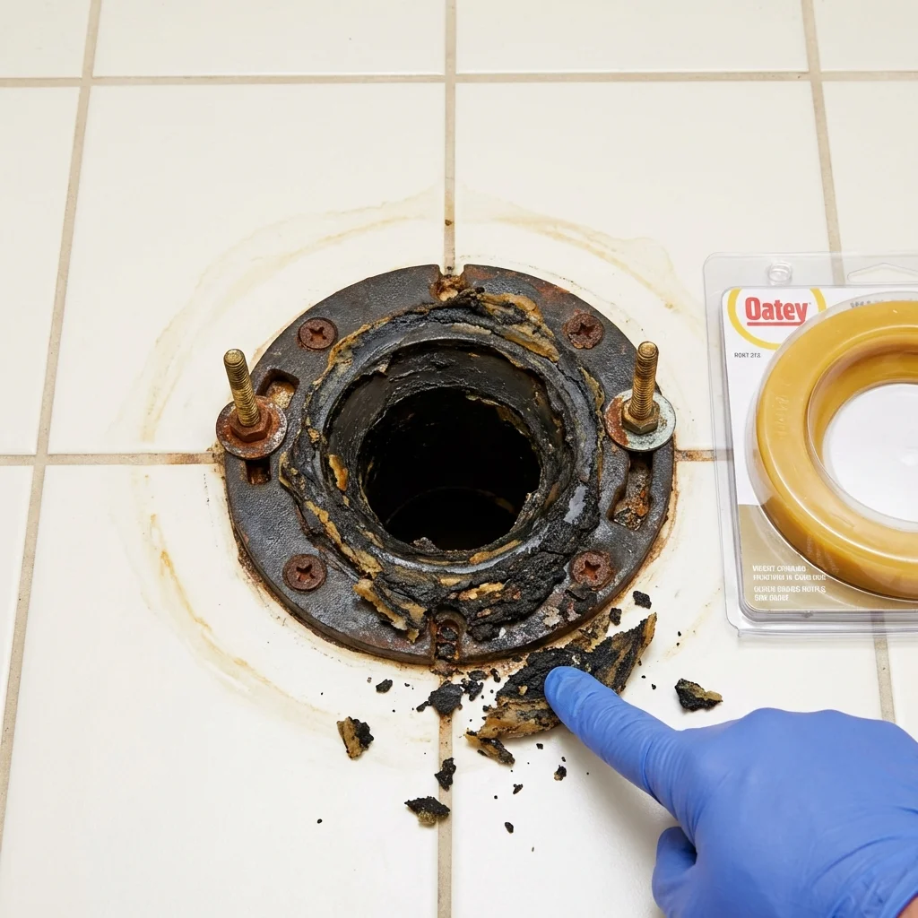 Failed wax ring showing water seepage at the base of a toilet in a Reston, VA home