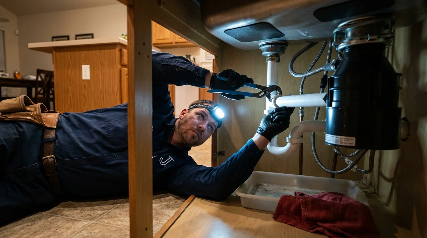 P-trap and supply line connections under a kitchen sink showing a common leak point in Reston, VA